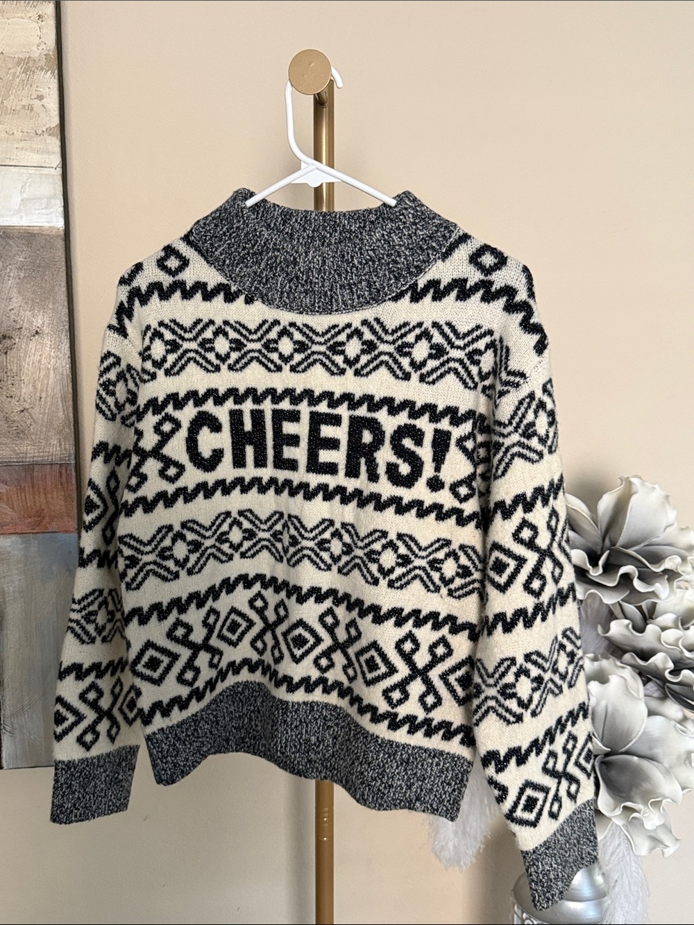 Cozy Black & Cream 'CHEERS!' Patterned Sweater